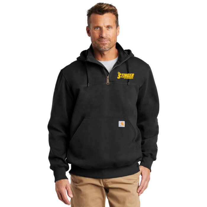 Black quarter zip hoodie with pockets and yellow Stinger Attachments logo