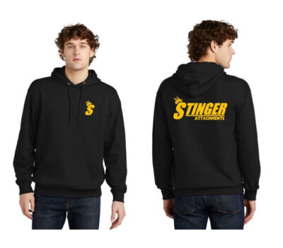 Man in black hood with yellow Stinger Attachments logo