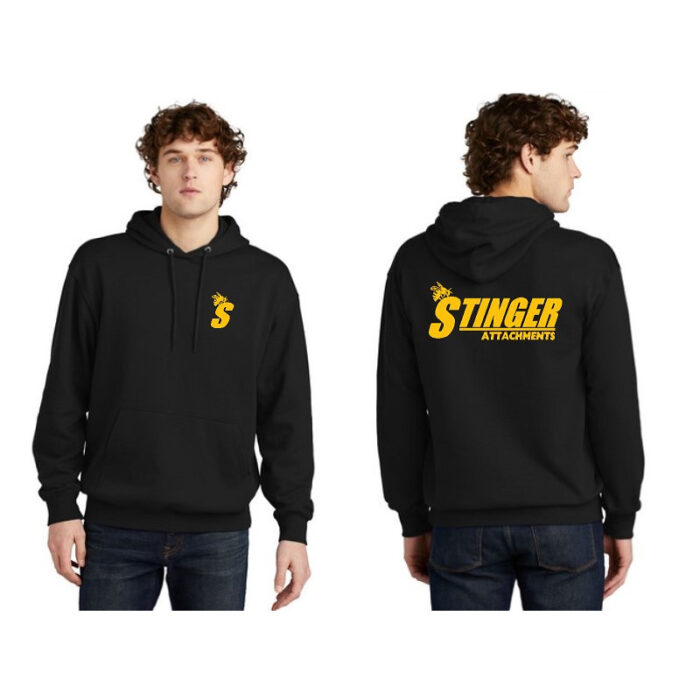 Man in black hood with yellow Stinger Attachments logo