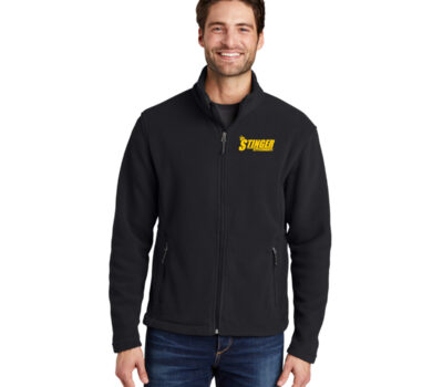 Black zip up jacket with yellow Stinger Attachments logo