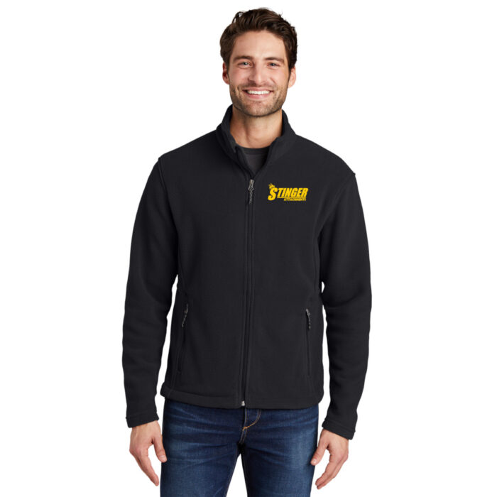 Black zip up jacket with yellow Stinger Attachments logo