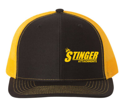 Black and yellow baseball hat with yellow Stinger Attachments logo