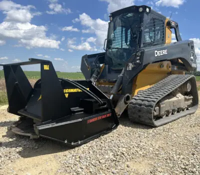Close up of Yellow John Deere Bull Dozer with black Stinger Attachment decimator cover